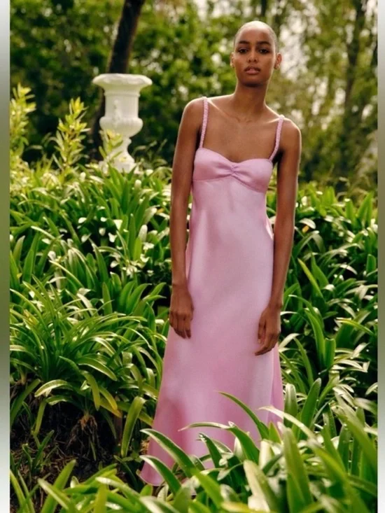 Zara Pink Satin Slip Midi Dress - Picture 3 of 5